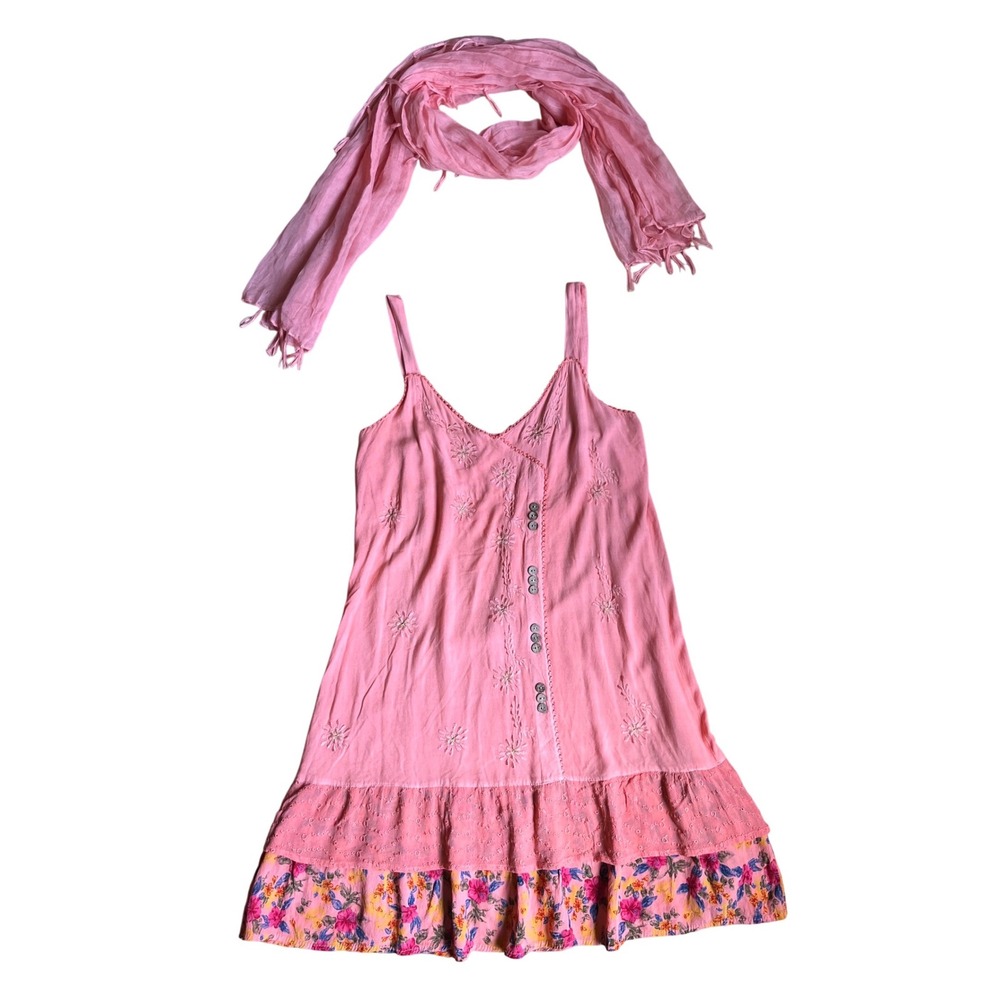 Raya Sun Pink Embroidered Boho Mini Dress with Scarf Set 
L Floral Tiered